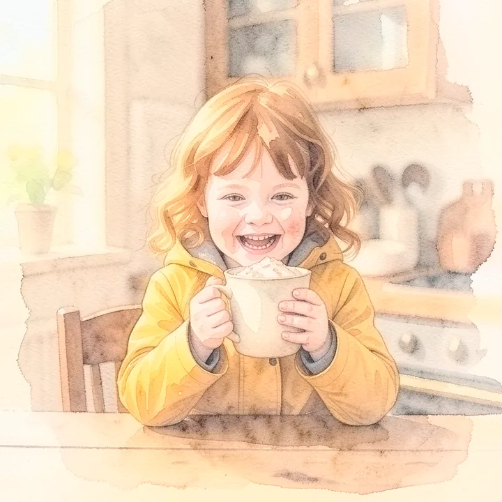 Dasselbe Kind trinkt Kakao am Küchentisch, im Stil Aquarell