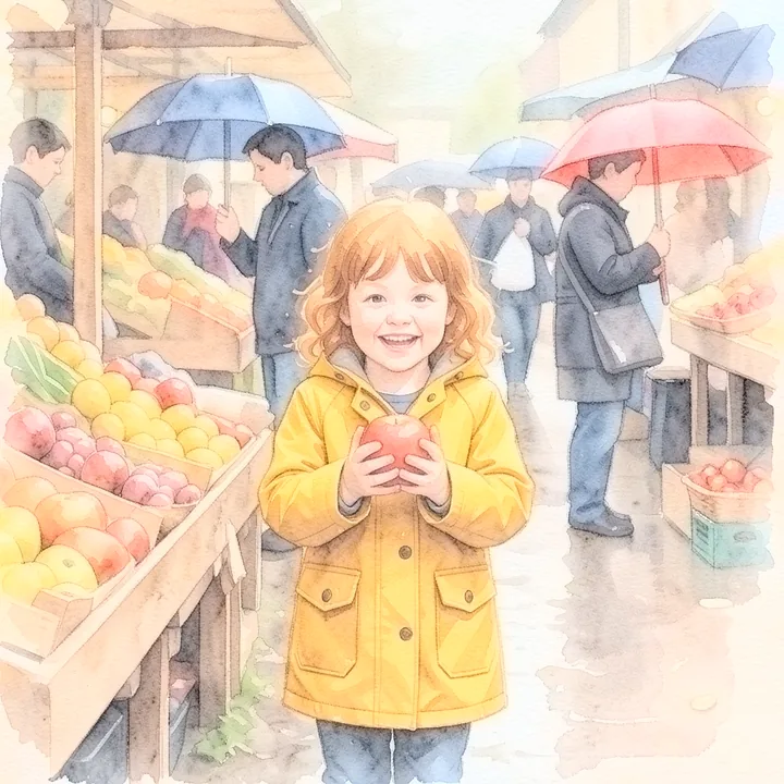 Dasselbe Kind kauft einen Apfel auf dem Markt, im Stil Aquarell