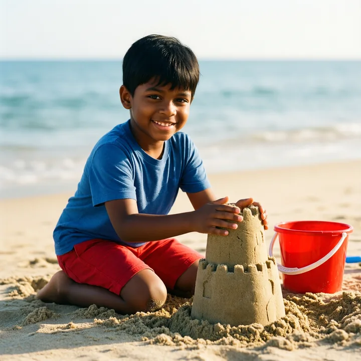 Das Ausgangsbild: Junge, 6 Jahre, baut eine Sandburg (von uns erzeugt, kein echtes Kind)