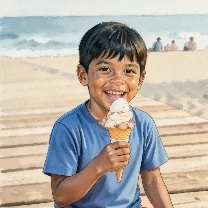 Dasselbe Kind isst ein Eis am Steg, im Stil Gouache