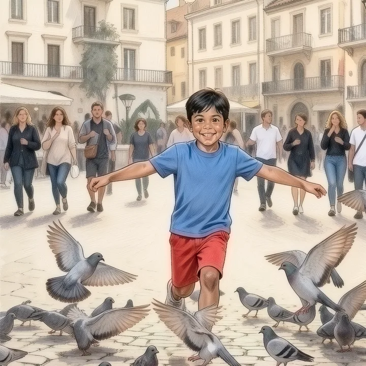 Dasselbe Kind spielt am Brunnen auf dem Marktplatz, im Stil Gouache