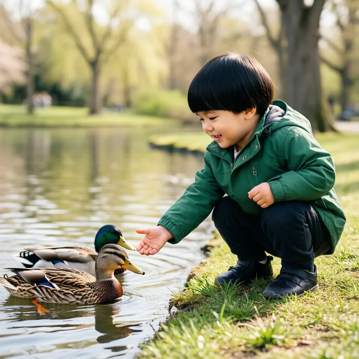 Das Ausgangsbild: Junge, 3 Jahre, zeigt den Enten seine Hand (von uns erzeugt, kein echtes Kind)