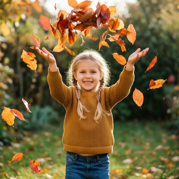 Das Ausgangsbild: Mädchen, 5 Jahre, wirft Herbstlaub in die Luft (von uns erzeugt, kein echtes Kind)