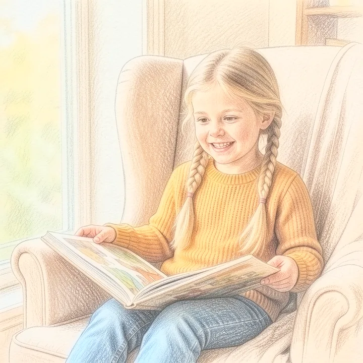Dasselbe Kind liest im Sessel am Fenster, im Stil Buntstift