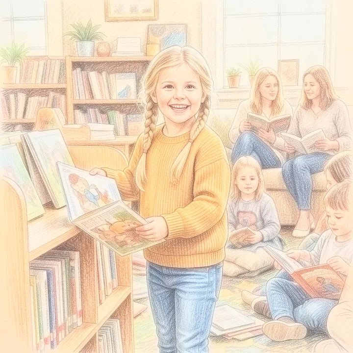 Dasselbe Kind holt ein Buch in der Bücherei, im Stil Buntstift