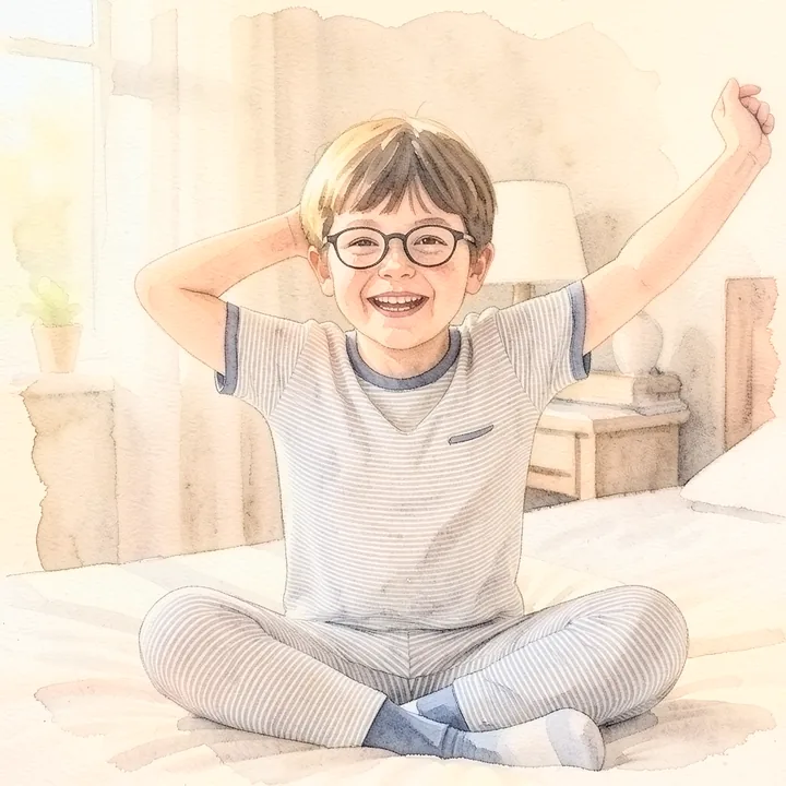 Dasselbe Kind streckt sich morgens im Bett, im Stil Aquarell