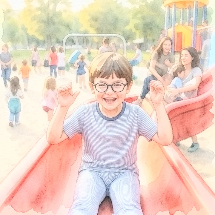 Dasselbe Kind rutscht auf dem Spielplatz, im Stil Aquarell