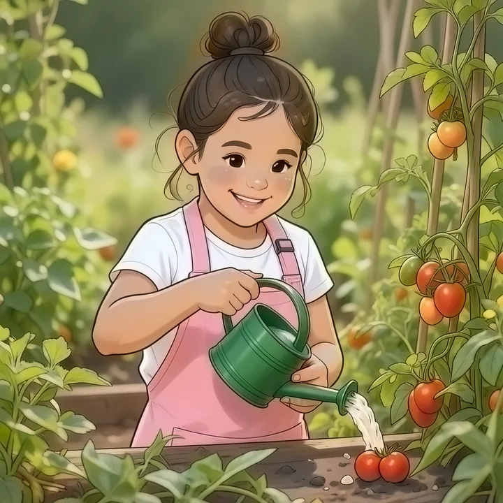 Dasselbe Kind gießt die Tomaten, im Stil Bilderbuch
