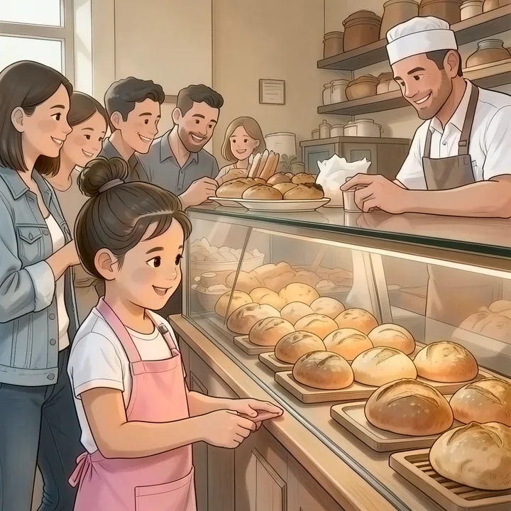 Dasselbe Kind schaut in die Theke der Bäckerei, im Stil Bilderbuch