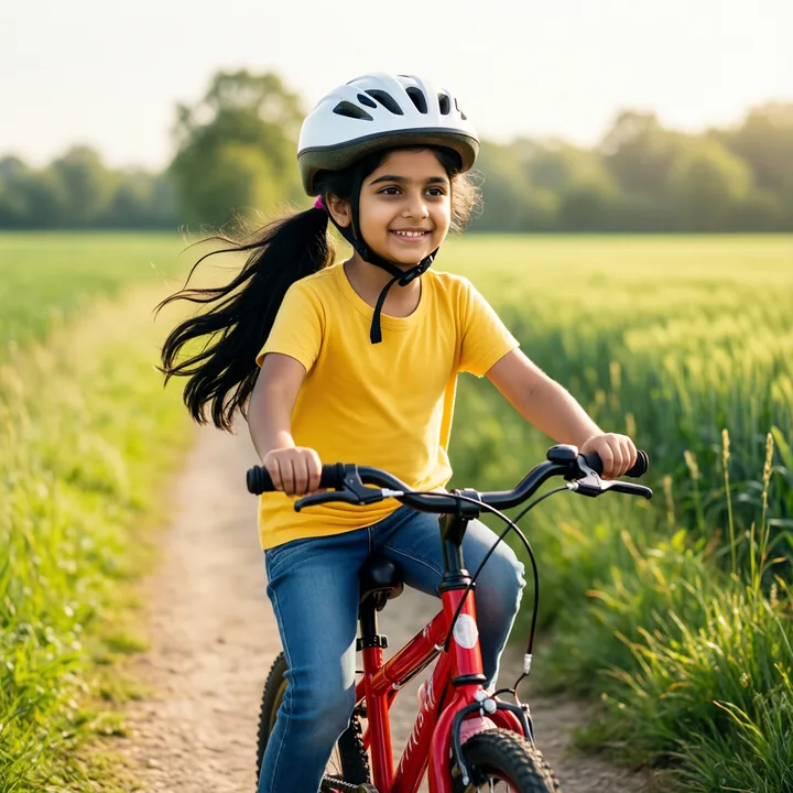 Das Ausgangsbild: Mädchen, 6 Jahre, fährt Fahrrad am Feld (von uns erzeugt, kein echtes Kind)