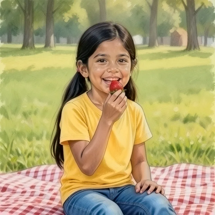 Dasselbe Kind isst Erdbeeren beim Picknick, im Stil Gouache