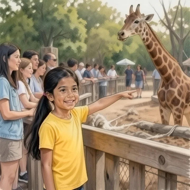 Dasselbe Kind zeigt im Zoo auf eine Giraffe, im Stil Gouache