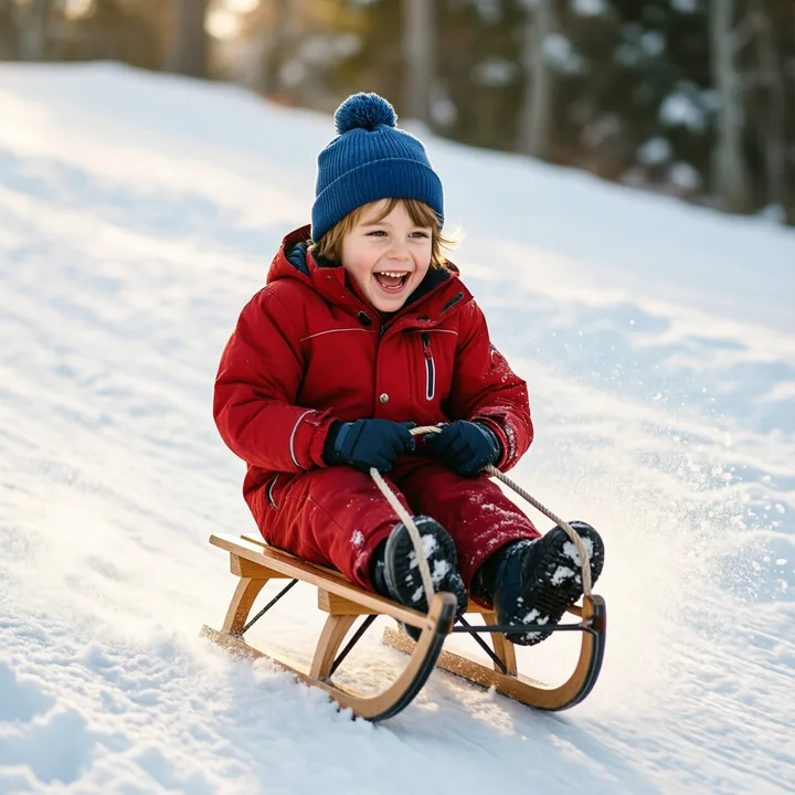 Das Ausgangsbild: Junge, 5 Jahre, rodelt den Hügel hinunter (von uns erzeugt, kein echtes Kind)