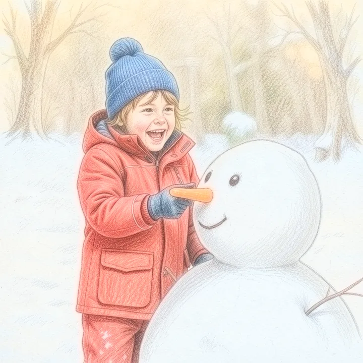 Dasselbe Kind baut einen Schneemann, im Stil Buntstift