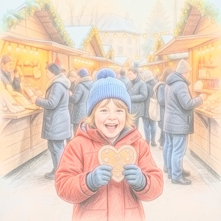Dasselbe Kind hält ein Lebkuchenherz auf dem Weihnachtsmarkt, im Stil Buntstift