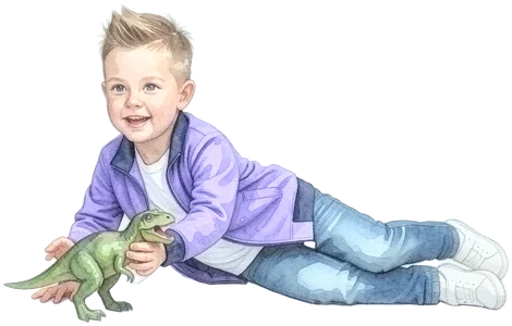 Der Kidz.me-Junge liegt auf dem Boden und spielt mit einem Spielzeug-Dinosaurier