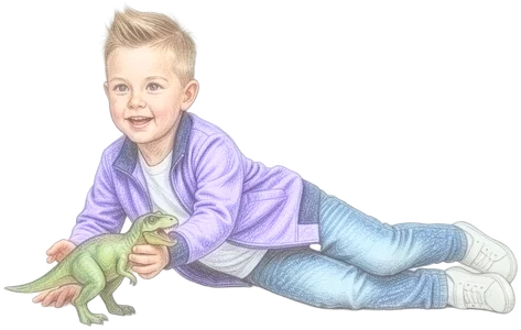 Der Kidz.me-Junge liegt auf dem Boden und spielt mit einem Spielzeug-Dinosaurier