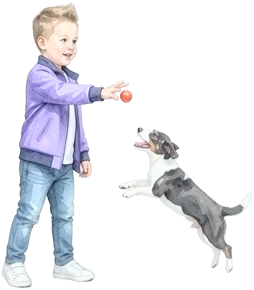 Der Kidz.me-Junge wirft einem Hund einen Ball zu