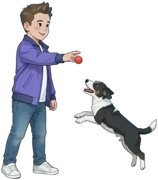 Der Kidz.me-Junge wirft einem Hund einen Ball zu