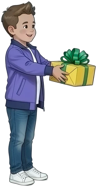 Der Kidz.me-Junge überreicht ein gelbes Geschenk