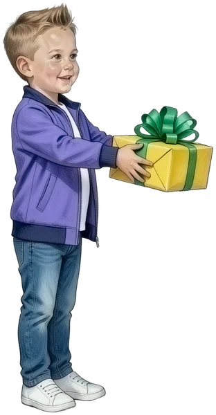 Der Kidz.me-Junge überreicht ein gelbes Geschenk