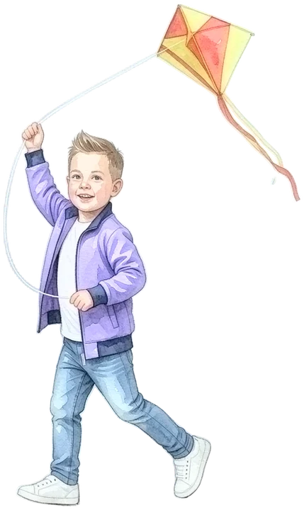 Der Kidz.me-Junge läuft mit seinem Drachen