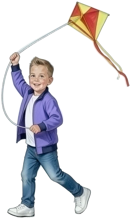 Der Kidz.me-Junge läuft mit seinem Drachen