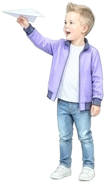Der Kidz.me-Junge lässt einen Papierflieger fliegen