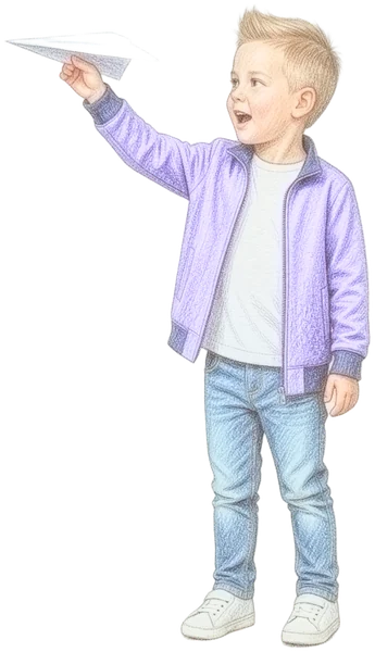 Der Kidz.me-Junge lässt einen Papierflieger fliegen
