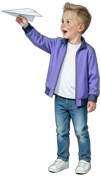 Der Kidz.me-Junge lässt einen Papierflieger fliegen