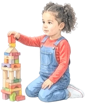Das Kidz.me-Mädchen baut einen Turm aus Bauklötzen