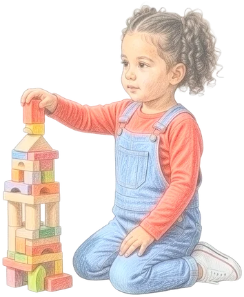 Das Kidz.me-Mädchen baut einen Turm aus Bauklötzen