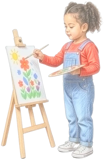 Das Kidz.me-Mädchen malt Blumen an einer kleinen Staffelei