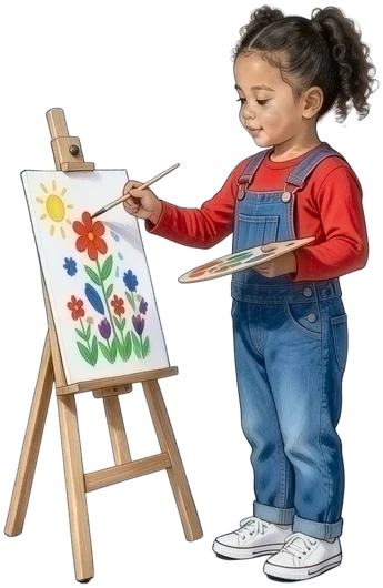 Das Kidz.me-Mädchen malt Blumen an einer kleinen Staffelei