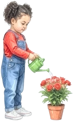 Das Kidz.me-Mädchen gießt eine rote Blume