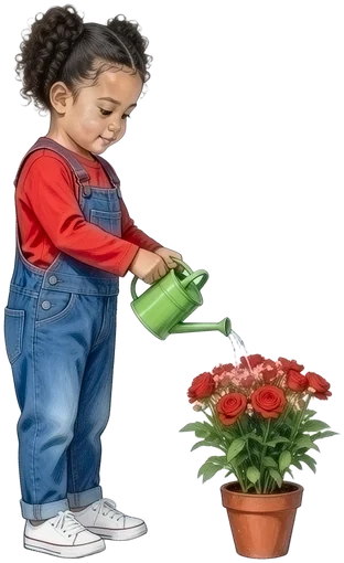 Das Kidz.me-Mädchen gießt eine rote Blume