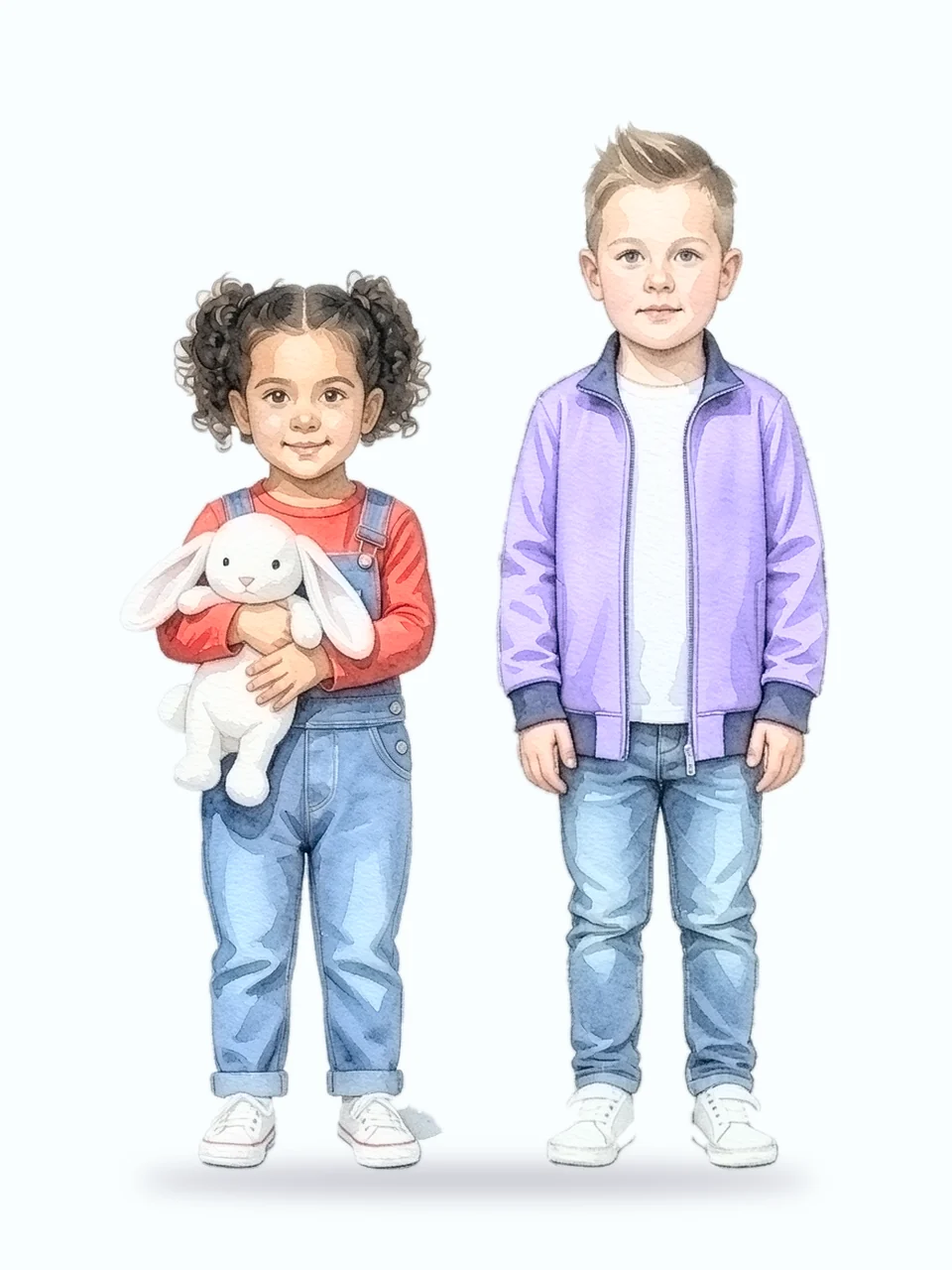 Unsere zwei Kidz.me-Kinder im Stil Aquarell: ein dreijähriges Mädchen mit Stoffhasen und ein fünfjähriger Junge