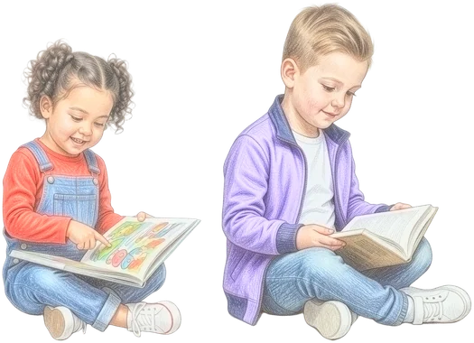 Die beiden Kidz.me-Kinder lesen nebeneinander