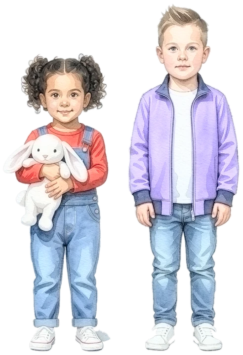 Unsere zwei Kidz.me-Kinder: ein Mädchen mit Stoffhasen und ein Junge in Sportjacke