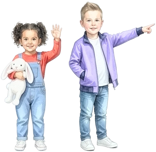 Die beiden Kidz.me-Kinder: das Mädchen winkt, der Junge zeigt den Weg