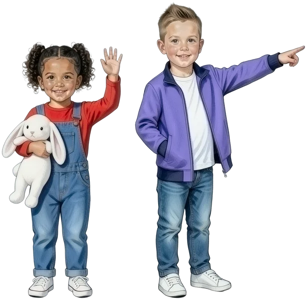 Die beiden Kidz.me-Kinder: das Mädchen winkt, der Junge zeigt den Weg